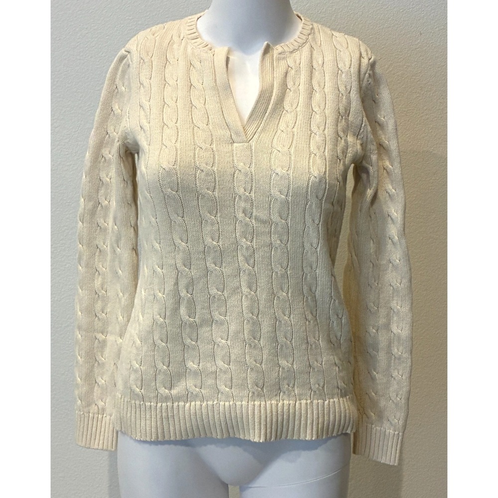 Lauren Ralph Lauren Cable Knit V-neck Cream Sweater Small 100% Cotton Preppy